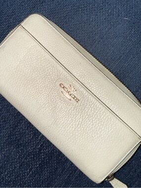Coach Cream Pebbled Leather Zip-Around Wallet with Gold Logo